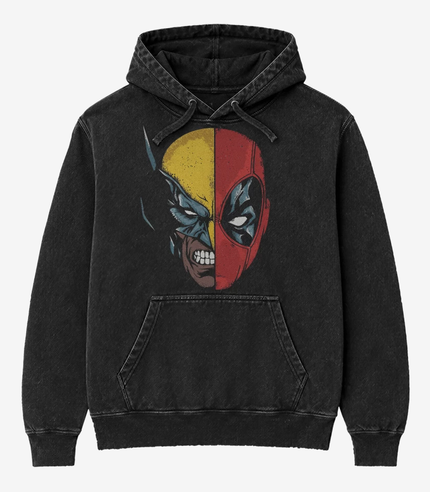 Poleron Canguro Acid Wash Negro de Deadpool Wolverine faces