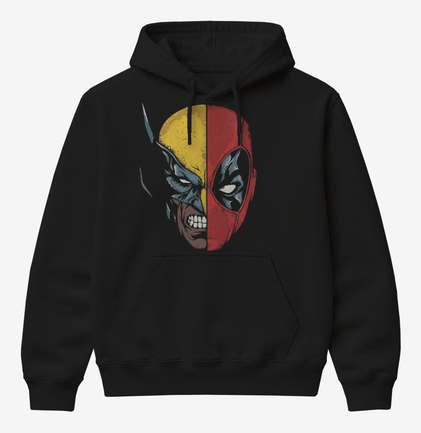 Poleron Canguro básico Negro de Deadpool Wolverine faces