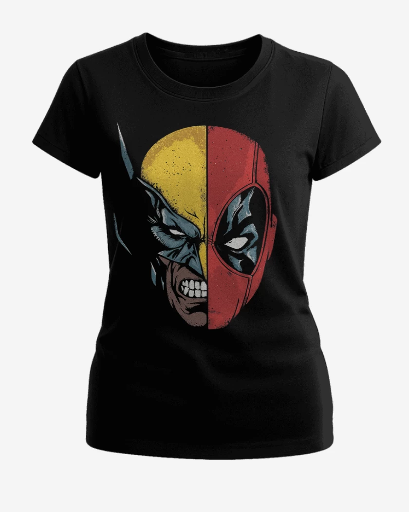 Polera de Mujer Negro de Deadpool Wolverine faces