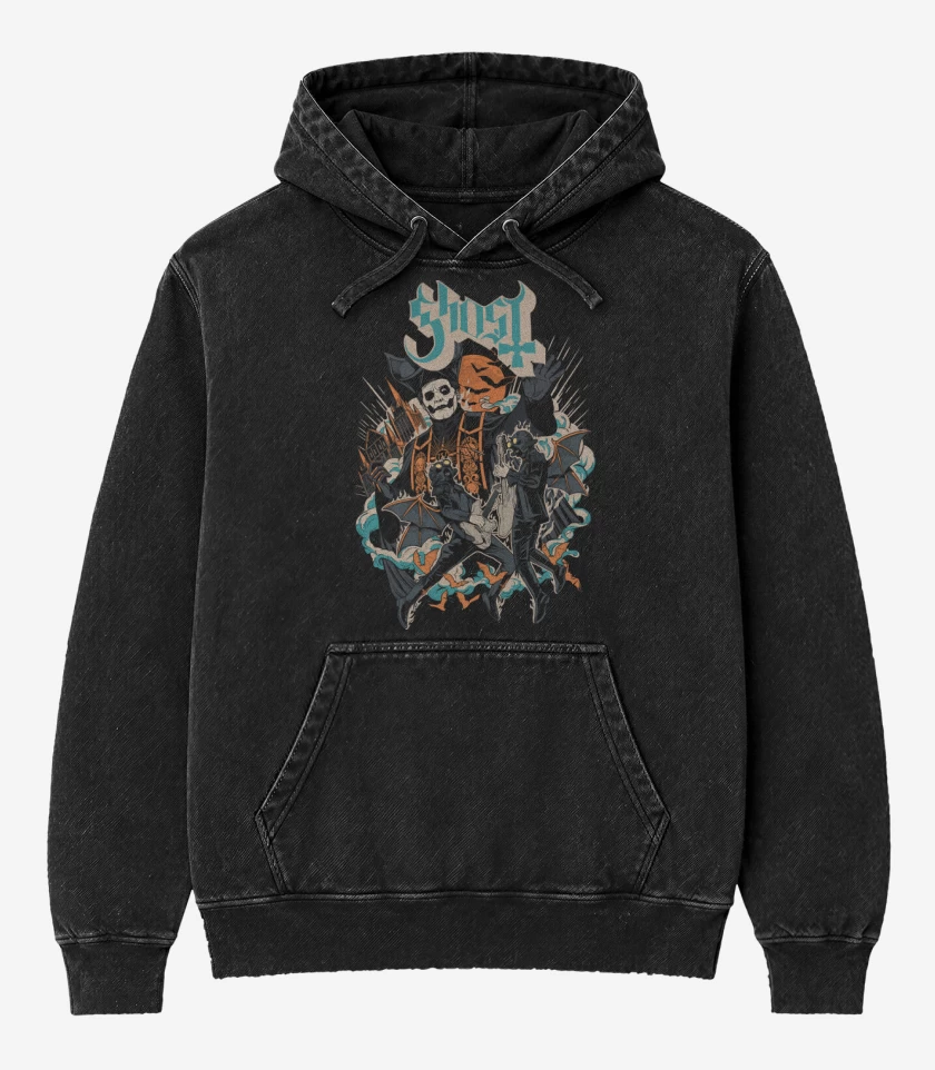 Poleron Canguro Acid Wash Negro de Ghost Papa IV y Ghouls