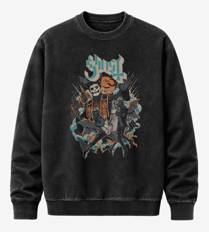 Poleron Polo Acid Wash Negro de Ghost Papa IV y Ghouls